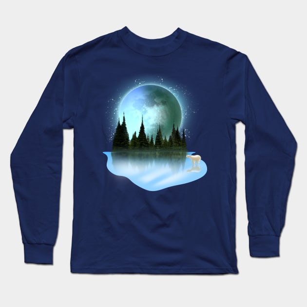 Full cold moon on december with frozen lake Long Sleeve T-Shirt by AdishPr